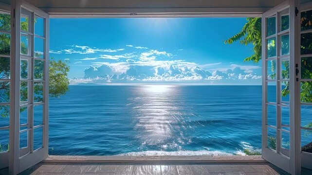 Ocean view through a villa window: aesthetic scene capturing luxury, serenity, and the beauty of coastal living