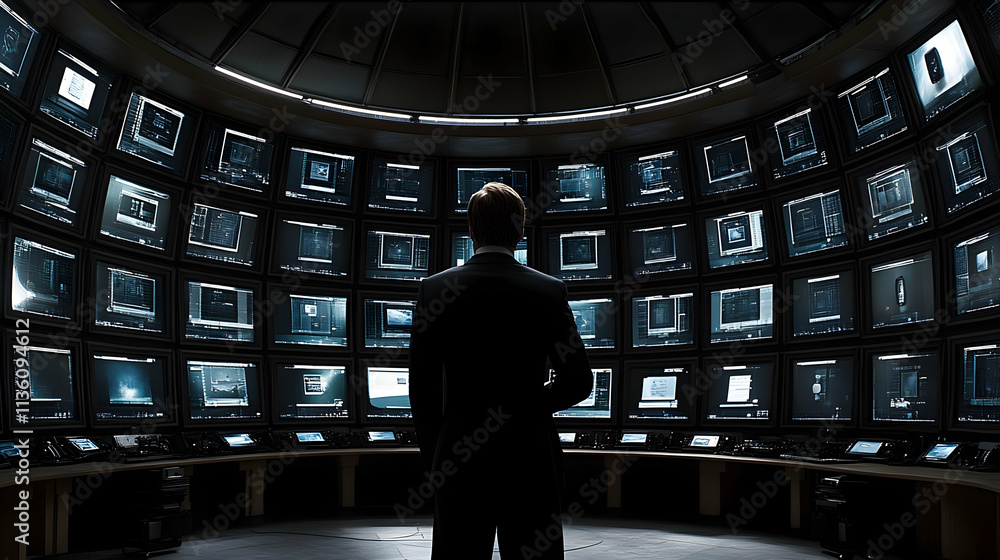 Poster man in suit observing numerous screens displaying data in a control room.