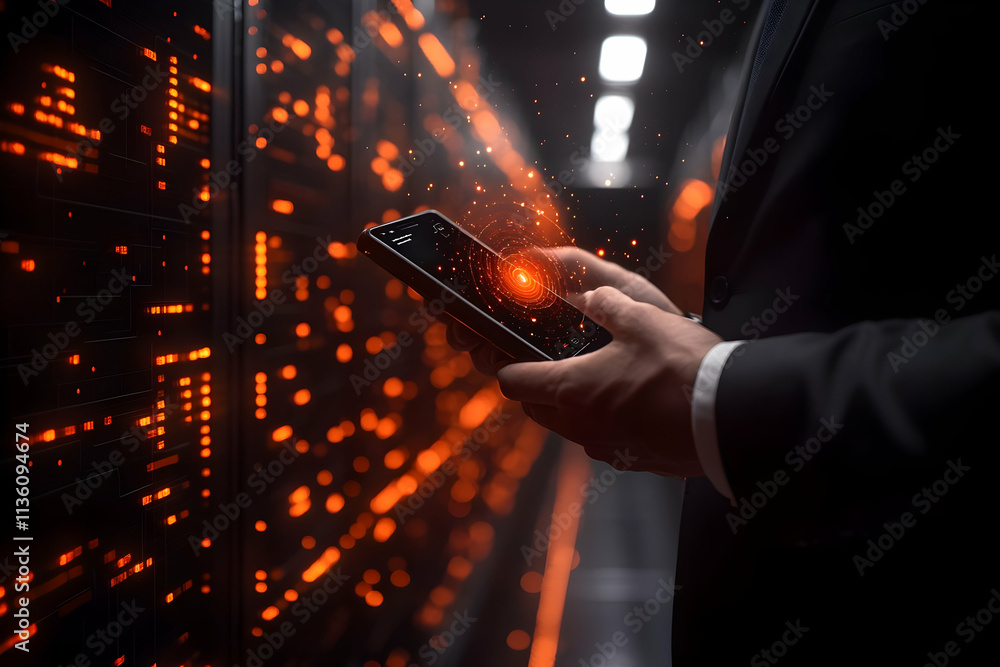 Poster man in suit using smartphone in server room.