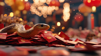 chinese new year dynamic golden snake peeking out from heap of red envelopes, symbolizing prosperity and good fortune during celebrations