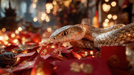 chinese new year golden snake curling among red envelopes and festive lights, symbolizing prosperity and luck during celebrations