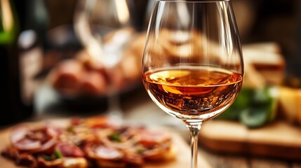 Naklejka premium Glass of Fine Wine and Gourmet Appetizers on Rustic Table : Generative AI