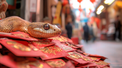 chinese new year majestic golden snake resting on vibrant red envelopes in festive market, surrounded by colorful decorations and blurred figures in background