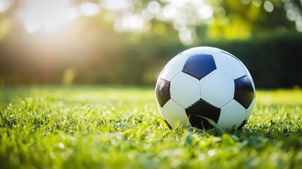 Fototapeta premium Classic Black and White Soccer Ball on Sunny Green Field : Generative AI