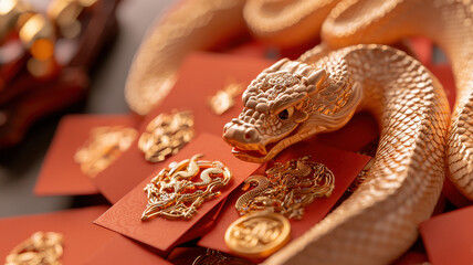 chinese new year shining golden snake coiling gracefully around red envelopes, symbolizing prosperity and good fortune. intricate details highlight its elegance and charm