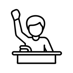 hand raising student icon, back to school line art, education icon - simple black line art icon of hand raising student, symbolizing back to school celebrations. education vector art.