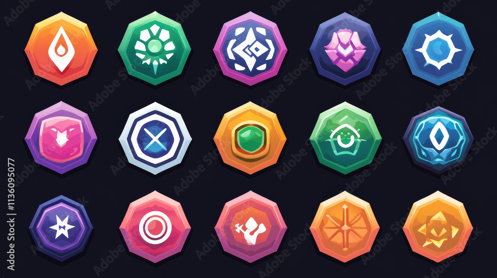 Aufkleber level up game ui badges with arrow, ribbon and sign. cartoon vector set of gui interface label or ac