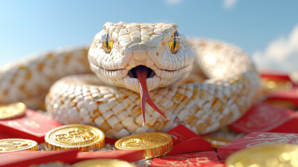 chinese new year shining golden snake coiling gracefully around gold coins, exuding elegance and allure. Its striking features and vibrant colors create captivating scene