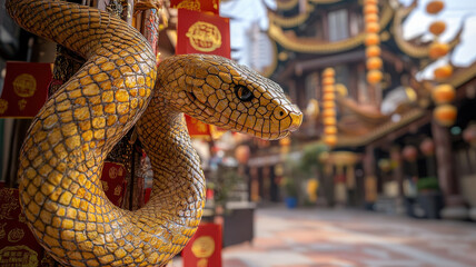 chinese new year shining golden snake coiling gracefully around decorative post in vibrant setting. intricate details and festive atmosphere create captivating scene