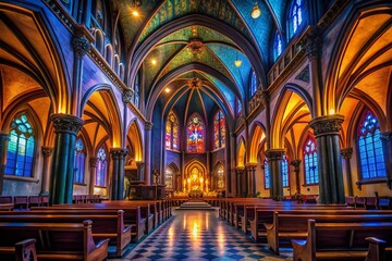 Fototapeta premium Dark Church Architecture Photography: Night Gothic Cathedral Interior, Illuminated Cross, Mysterious Religious Building