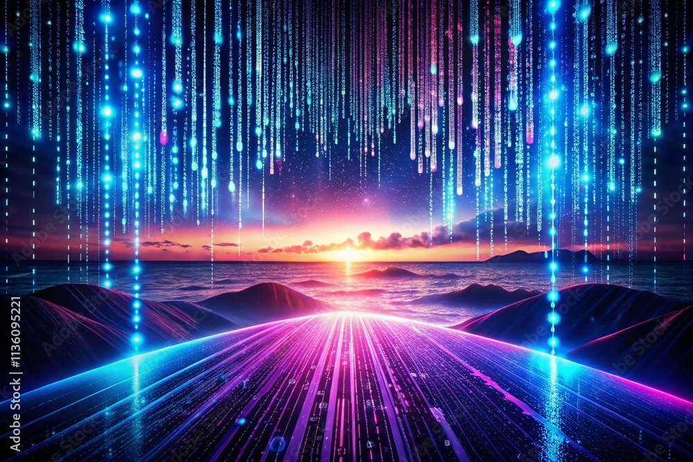 Poster dark data visualization: long exposure photography, abstract digital streams, glowing binary code, c