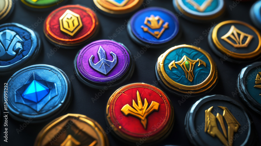 Aufkleber level up game ui badges with arrow, ribbon and sign. cartoon vector set of gui interface label or ac