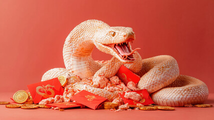 chinese new year majestic golden snake coiling around red envelopes and gold coins, symbolizing prosperity and good fortune. vibrant colors create festive atmosphere