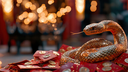 chinese new year shining golden snake coiling gracefully around red envelopes, symbolizing prosperity and good fortune. warm bokeh background adds festive atmosphere