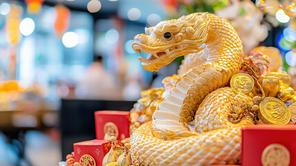 chinese new year shining golden snake coiling gracefully around decorative items, symbolizing prosperity and good fortune. vibrant colors enhance festive atmosphere