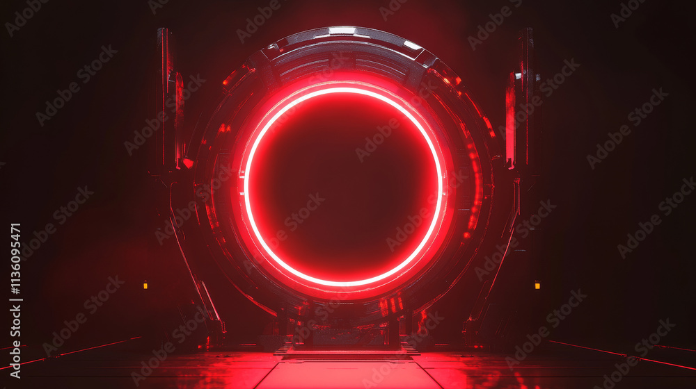 Poster red neon game portal with lightning and glow effect in realistic vector illustration set. magic tele