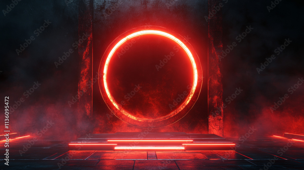 Poster red neon game portal with lightning and glow effect in realistic vector illustration set. magic tele