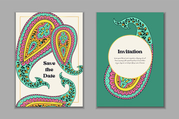 Two greeting cards templates set with bright colorful paisley motifs. Wedding invitation with oriental decoration. Modern abstract stationary design.