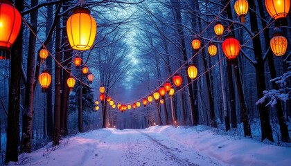 Obraz premium Festive Lanterns Floating in the Air Above a Snowy Forest Path. Illuminating the Way. Free Christmas Background. Chrismas Wallpaper. Cool Wallpaper 4k