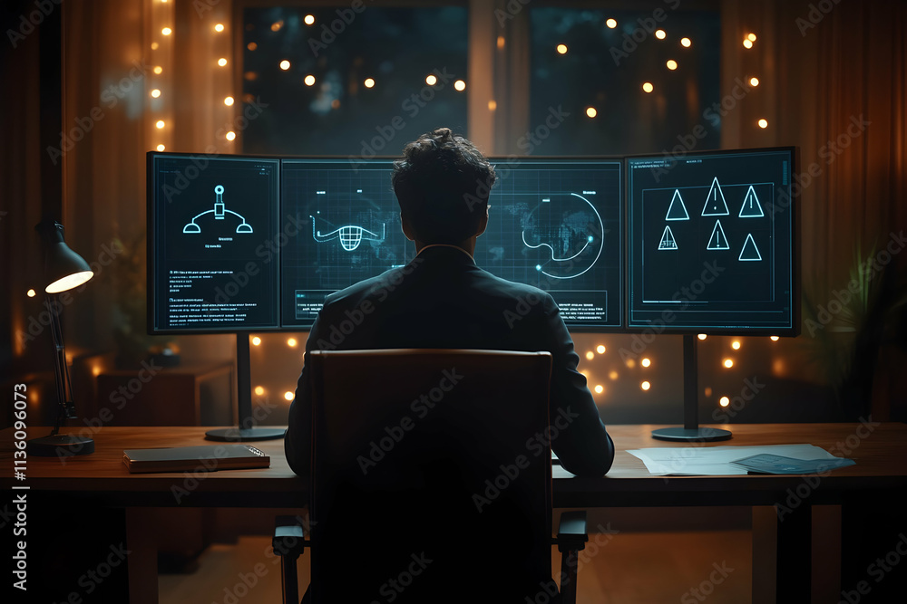 Poster man working late at night on triple monitors displaying data.