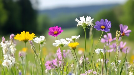 Fototapeta premium Colorful Wildflowers Blooming in a Summer Meadow Capturing Natural Beauty : Generative AI