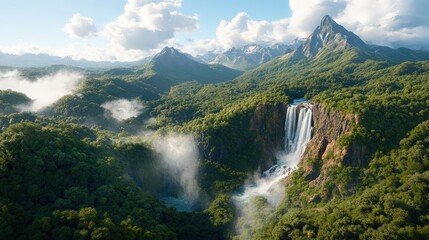 Fototapeta premium Breathtaking Aerial View of a Hidden Valley Surrounded by Mountains and Waterfalls in Vibrant Green Landscape
