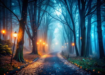 Fototapeta premium Dark Scary Woods Bokeh Photography: Spooky Forest Night Scene, Creepy Trees, Mysterious Path, Eerie Atmosphere, Deep Shadows