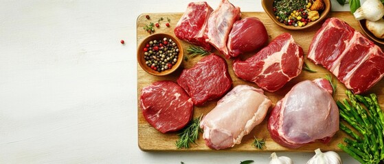 Variety of Raw Meat Cuts on Wooden Cutting Board with Spices and Herbs