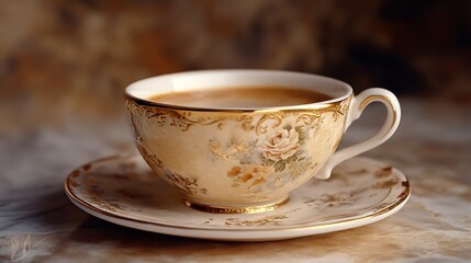 Vintage Floral China Teacup Filled with Freshly Made Cappuccino : Generative AI