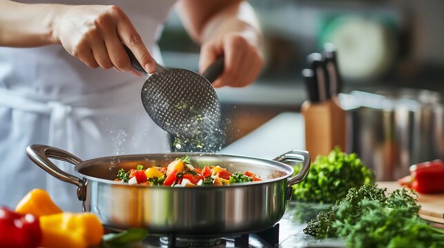 Vibrant kitchen cooking scene with fresh vegetables chef adding spices and culinary flair : Generative AI