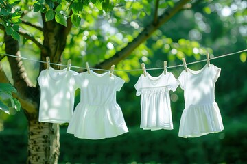 A line of white clothes hanging on a clothesline