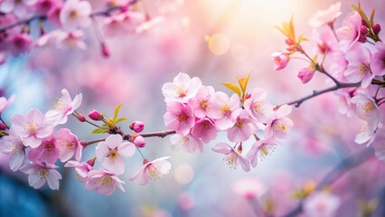 Obraz premium Delicate Pink Cherry Blossoms in Bloom with a Soft Background for Tranquil Spring Aesthetics and Nature's Beauty in Minimalist Photography