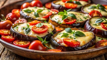 Fototapeta premium Delicious Baked Eggplant, Tomatoes & Cheese Recipe - Generative AI Food Photography