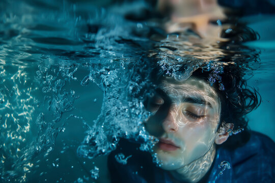 Man dressed underwater with eyes closed.