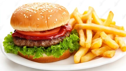 Classic Cheeseburger with Lettuce Tomato and Crispy Golden Fries on White Plate : Generative AI