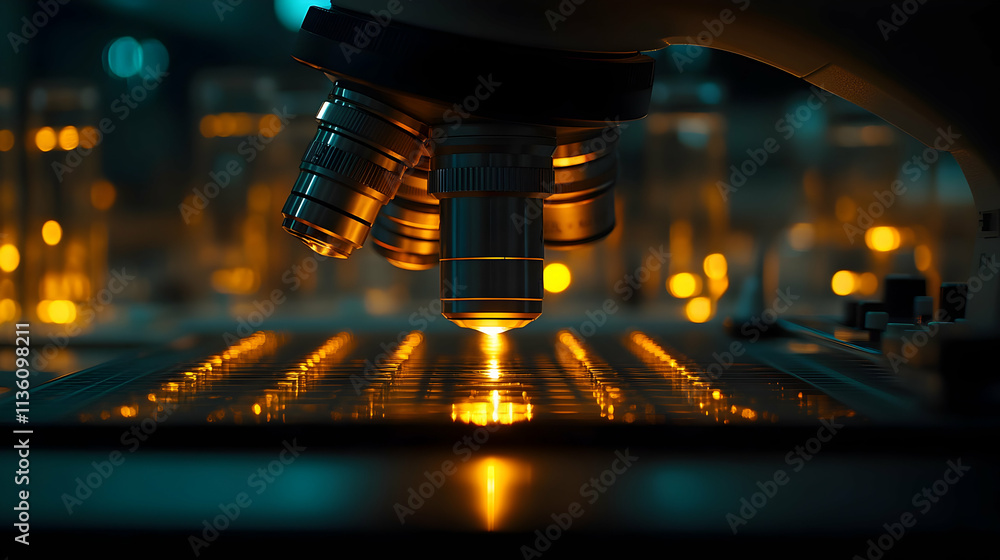 Poster microscope lens focused on illuminated microchip.