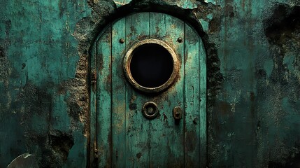 Antique Green Wooden Door with Porthole: Grunge Background