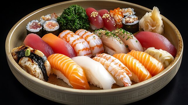 Assorted Sushi Platter with Fresh Nigiri and Rolls Garnished with Wasabi and Pickled Ginger on a Ceramic Plate
