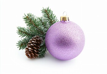 Purple Glitter Christmas Ornament with Pine Branch and Cone