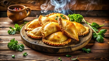 Delicious Fried Empanadas on Wooden Board - Tasty Fast Food Snack