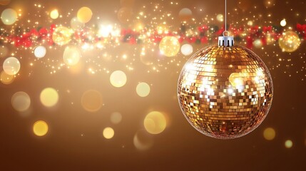 Fototapeta premium Sparkling Disco Ball Hanging Against Dark Background for New Year Celebration, Party Decoration with Shimmering Lights