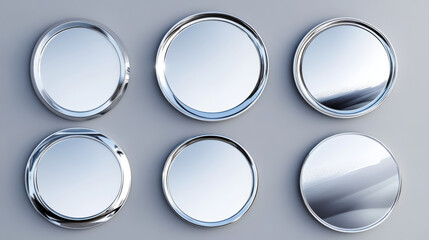 Mirrors in metal frame in shape of circle, heart, oval and rectangle isolated on gray background. Vector realistic set of glossy glass mirrors with chrome border. Modern decoration for bathroom