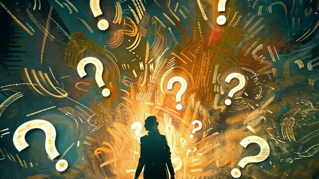 A single figure is engulfed by glowing question marks, symbolizing confusion, curiosity, or existential questioning.