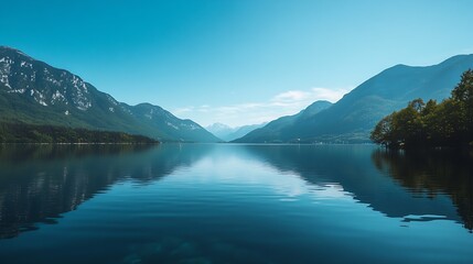 Fototapeta premium Stunning alpine lake reflecting serene mountain landscape under clear blue sky : Generative AI