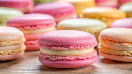 Fototapeta premium Delicate French macarons in shades of pink, yellow, and green arranged for a delicious display