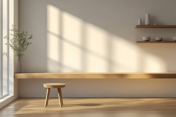 Minimalist room interior with wooden shelves, stool, and sunlight.