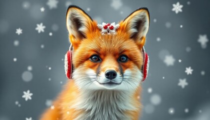 Fox Wearing Christmas Earmuffs with Snowflakes Falling Gently Around It. Free Christmas Background. Chrismas Wallpaper. Cool Wallpaper 4k