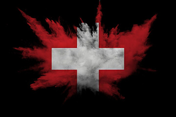 National flag of Switzerland from thick colored smoke on a black isolated background. Switzerland National Day 1st of August.