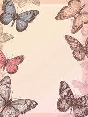 Blank card bordered by hand-drawn pastel butterflies, set against a pink-to-beige gradient background with subtle shadows for added depth. Elegant and soft design.