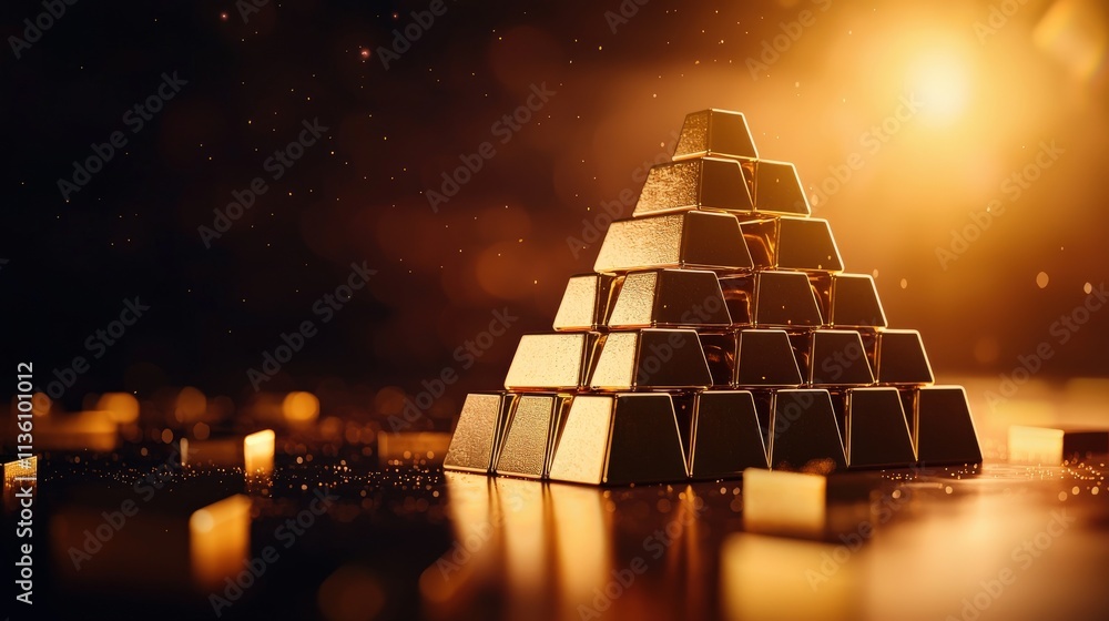 Poster shiny golden ingots stacked neatly in a pyramid formation, reflecting soft warm lighting, placed in 